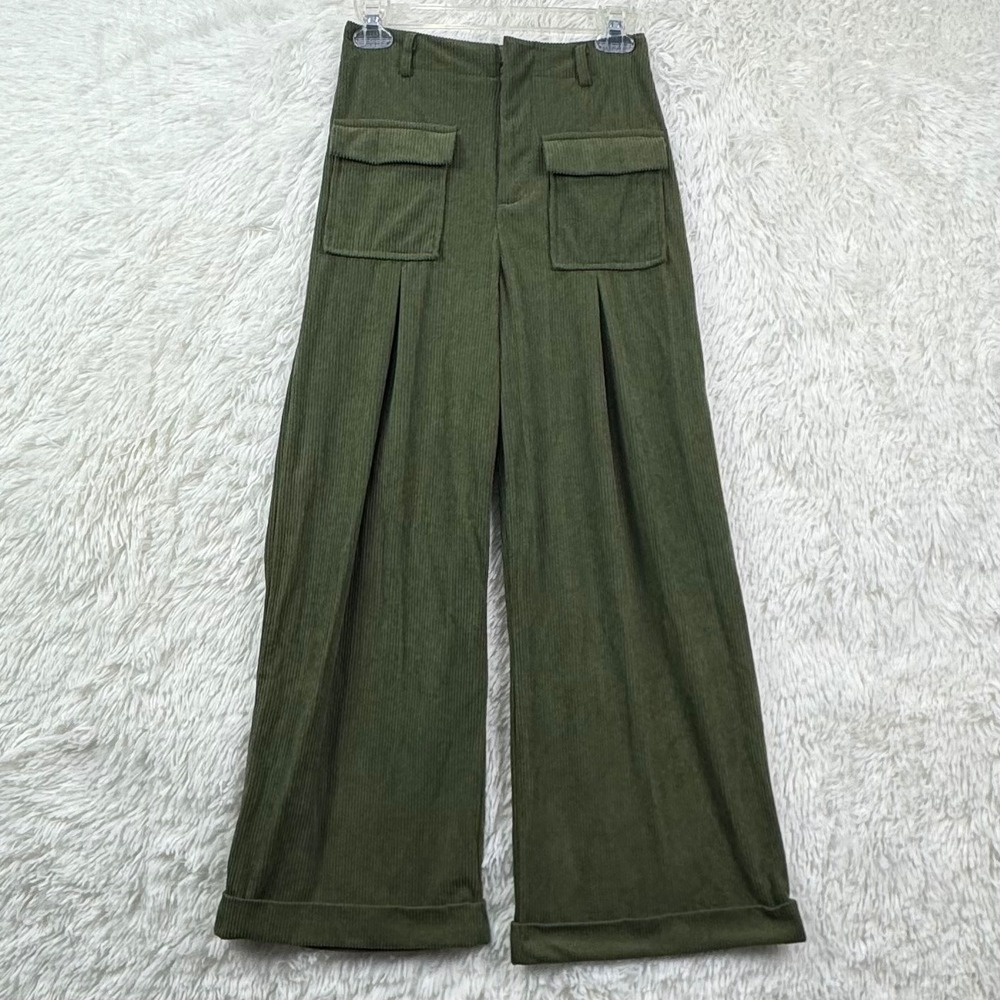 Green Corduroy Wide Leg Cargo Pants Retro Utility